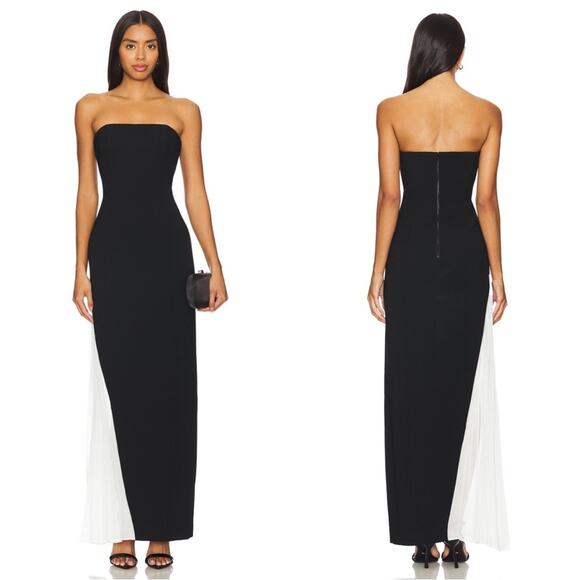 Alice + Olivia Retha Strapless Pleated Maxi Dress in Black & Off White Size 0 - Picture 1 of 10